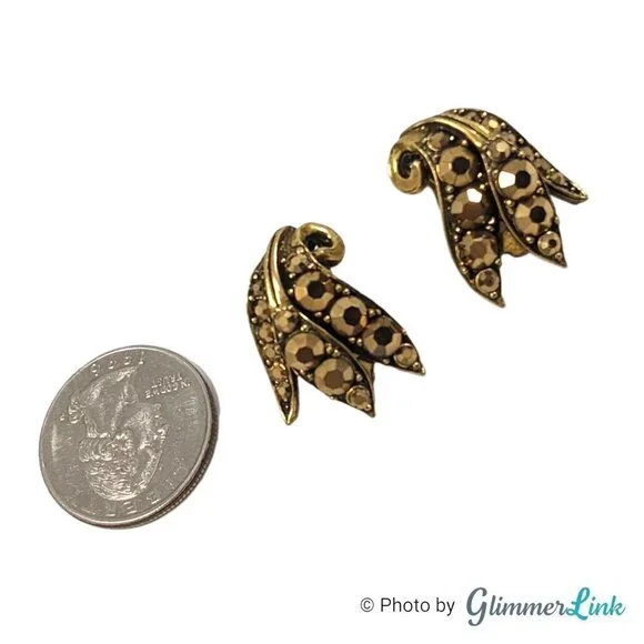 VTG Weiss Aurum Metallic Rhinestones Triple Leaf Bronze Tone Clip On Earrings - Picture 5 of 9